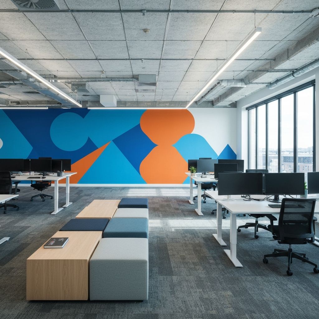 Bold geometric brand wall printed in modern corporate office — Metro Detroit