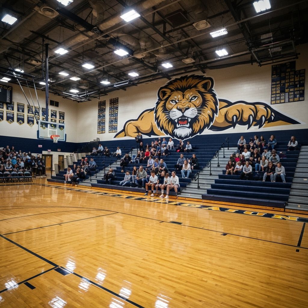 School lion mascot mural printed directly on gymnasium wall — Michigan